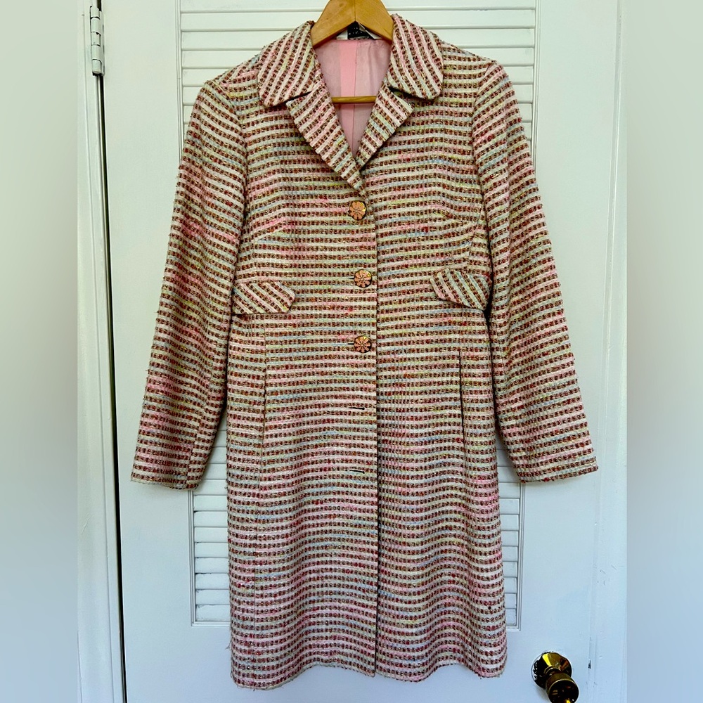 Trina Turk tweed jacket in soft spring colors with gold flecks, size 8